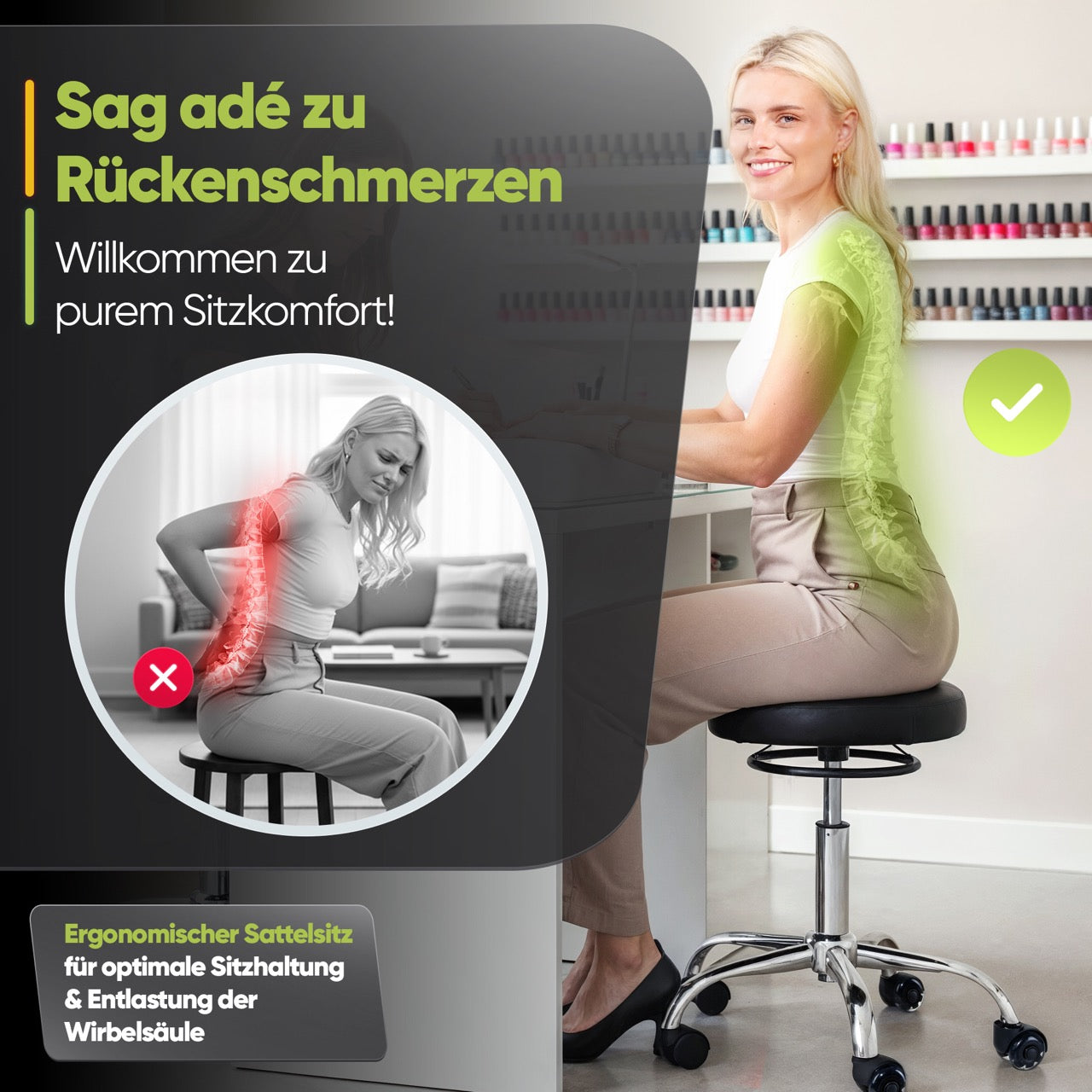 SteinLife Ergonomischer Rollhocker - Kratzerfreie Rollen